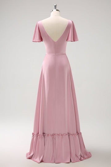 Vestido de dama de honor largo de satén cruzado con volantes cruzados de línea A rosa